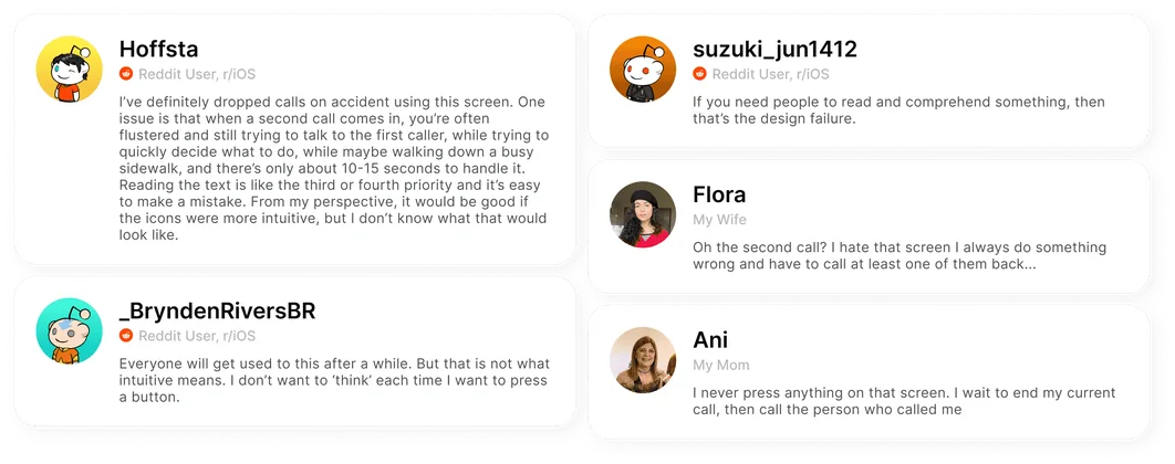 User comments complaining about the iPhone second-call screen