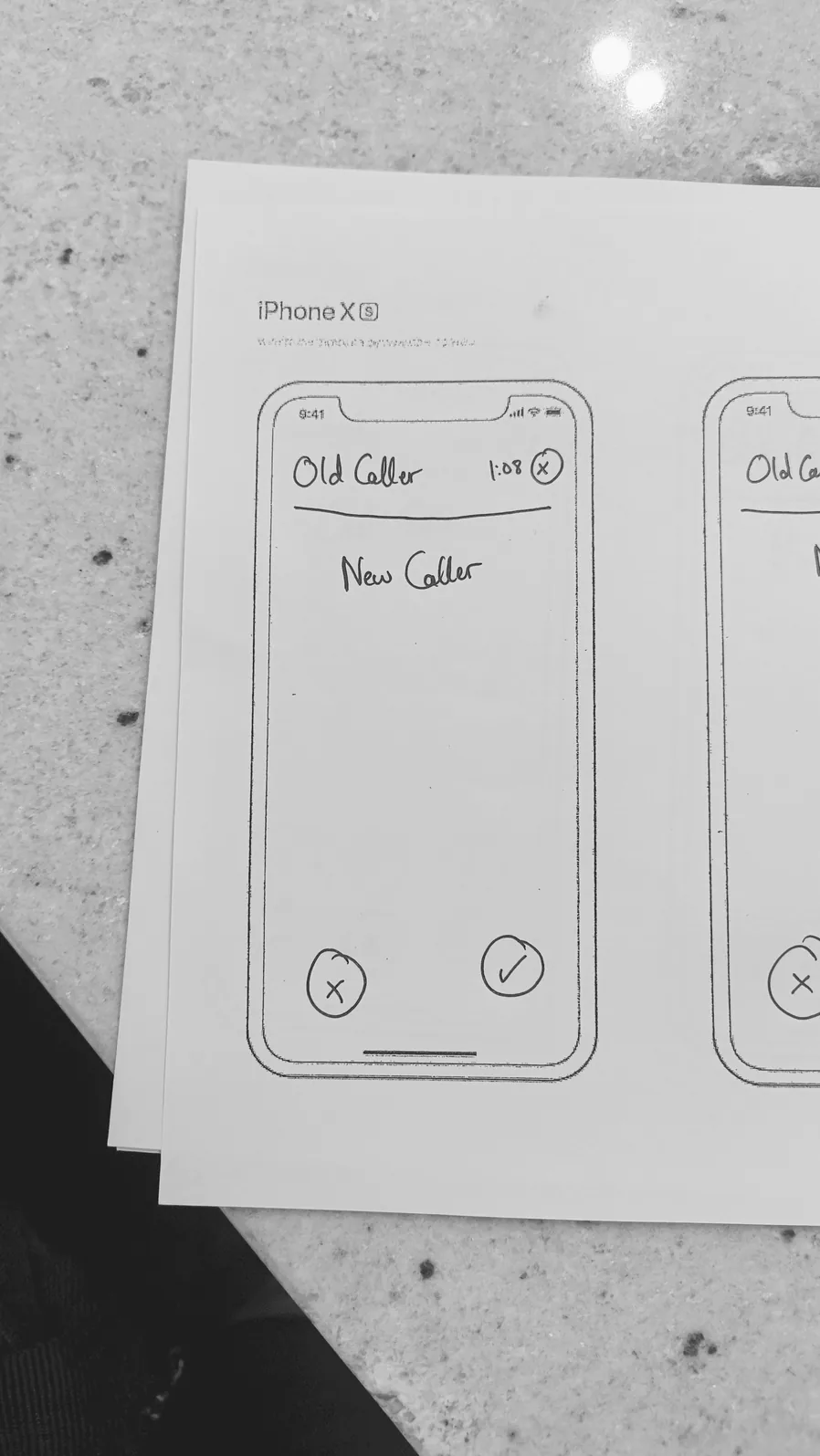 Paper wireframe: new caller sheet over the current call