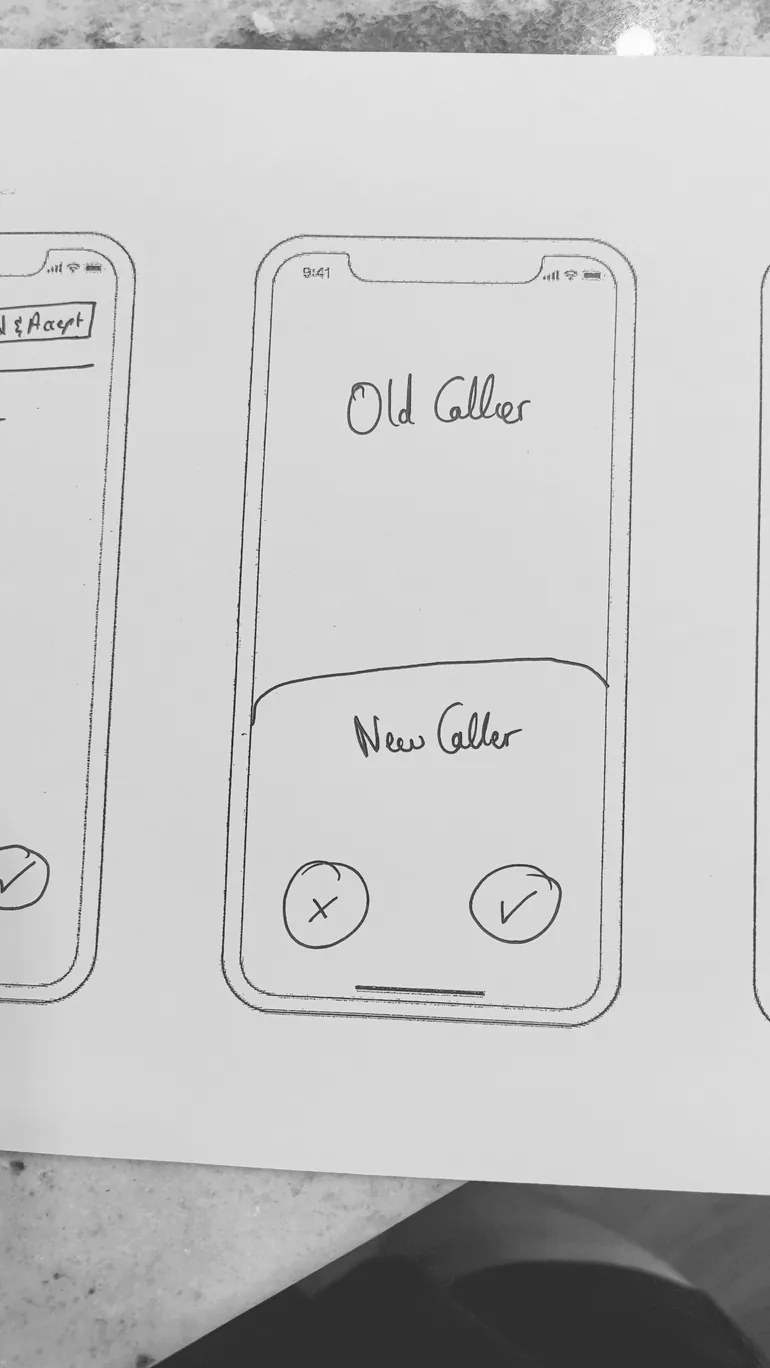 Paper wireframe: new caller full screen with old caller minimised